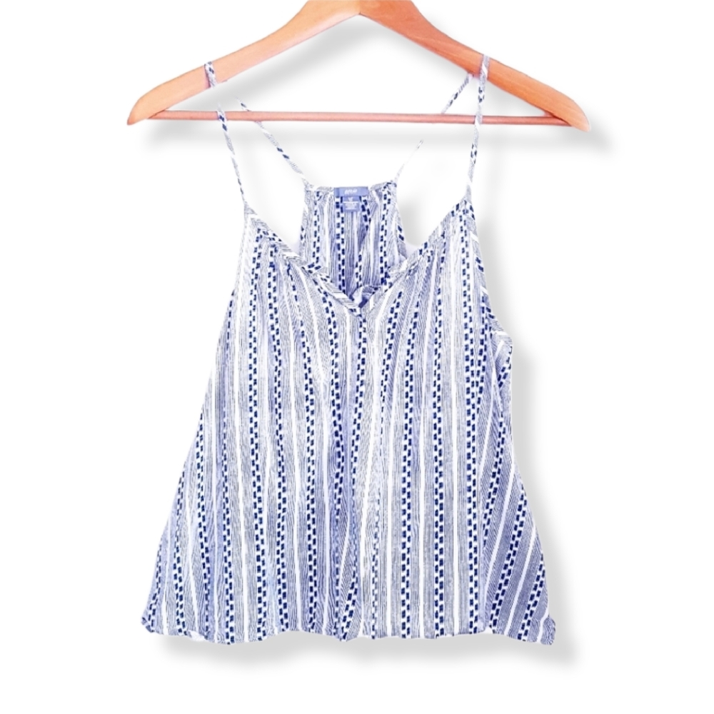 AERIE Blue & White Fringe Hem Racer Back Tank Top